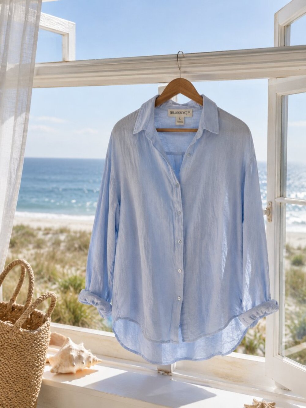 BlankNYC Light Blue Linen Blend Button Front Shirt Large Relaxed Coastal Top